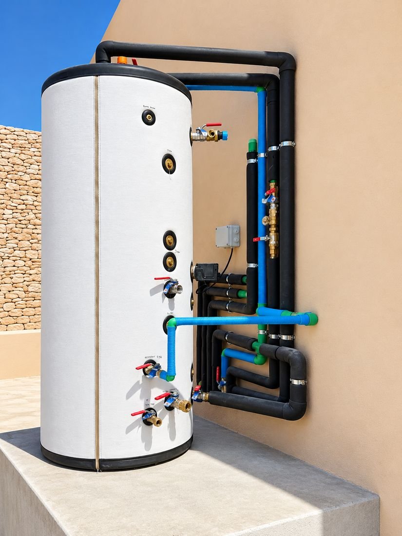 Hot water tank with outdoor pipework